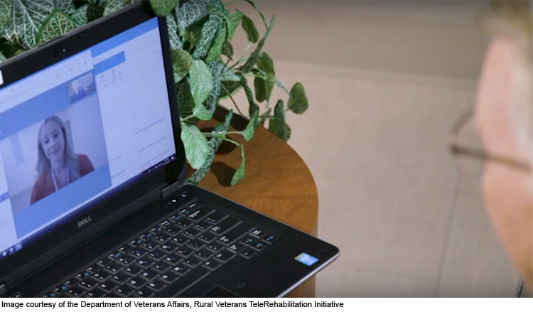 Physical therapist on laptop screen instructing a patient.